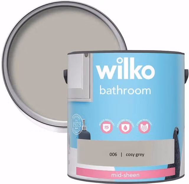wilko Mid Sheen Mould Resistant Bathroom Emulsion Paint, Grey, 2.5 l