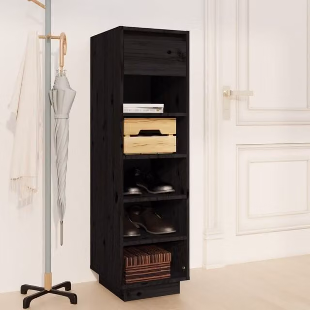 Berkfield Home Black Solid Pine Shoe Cabinet with Doors and Drawers W/D/H: 34 x 30 x 105 cm