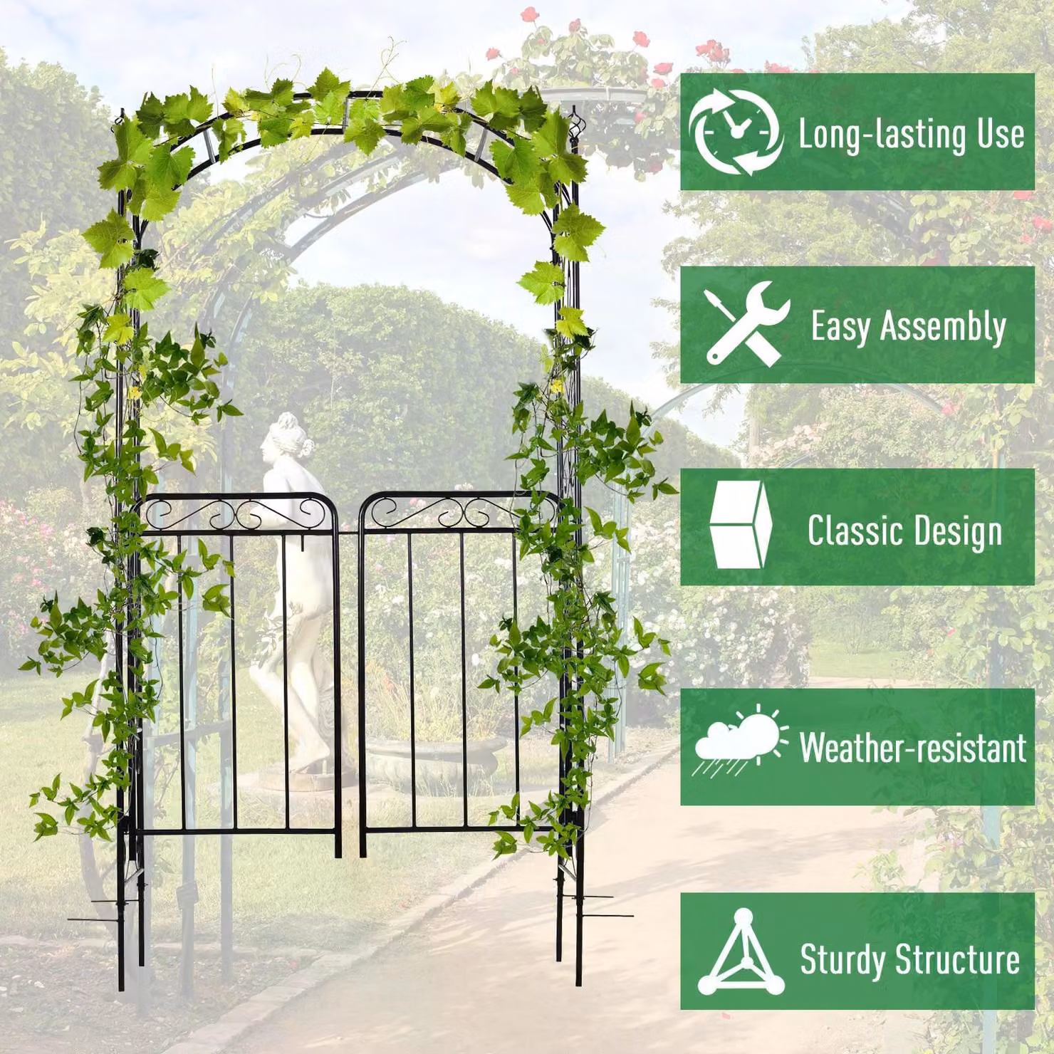 Outsunny Metal Garden Archway Trellis with Gate for Climbing Plants, Black, W/D/H: 108 x 45 x 215 cm – 3