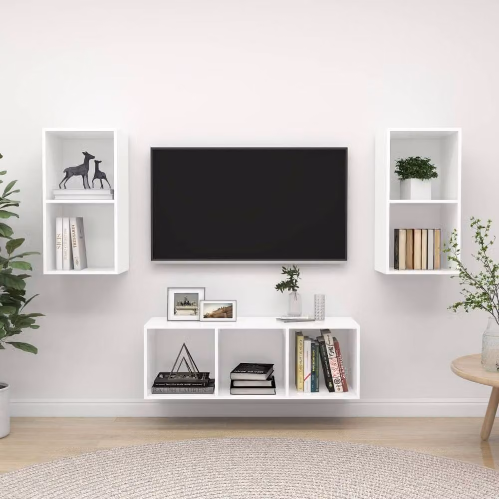Berkfield Home Practical 3 Piece White Engineered Wood TV Cabinet Set W/D/H: 107.0 x 72.0 x 37.0 cm – 2