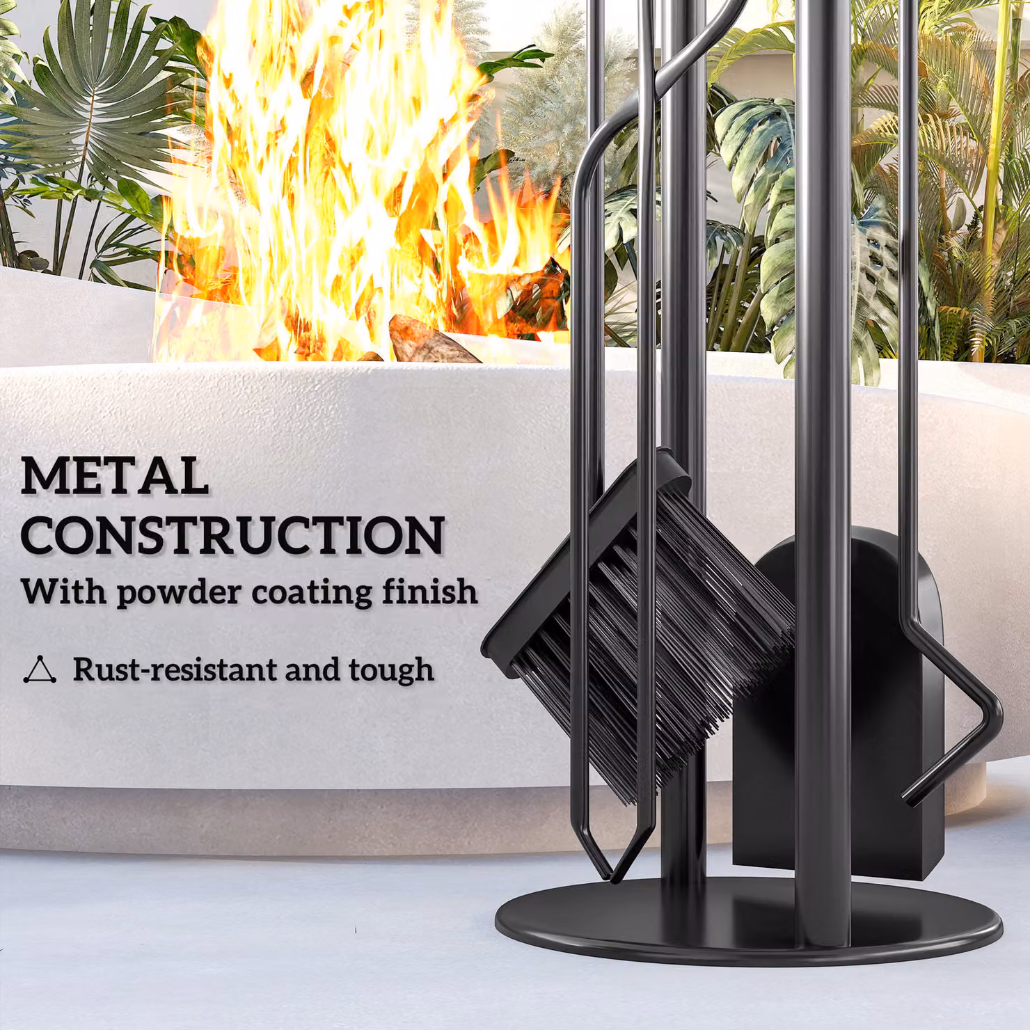 Outsunny 5 Piece Black Metal Fireplace Companion Set with Broom, Shovel, Poker, Tongs and Stand – 5