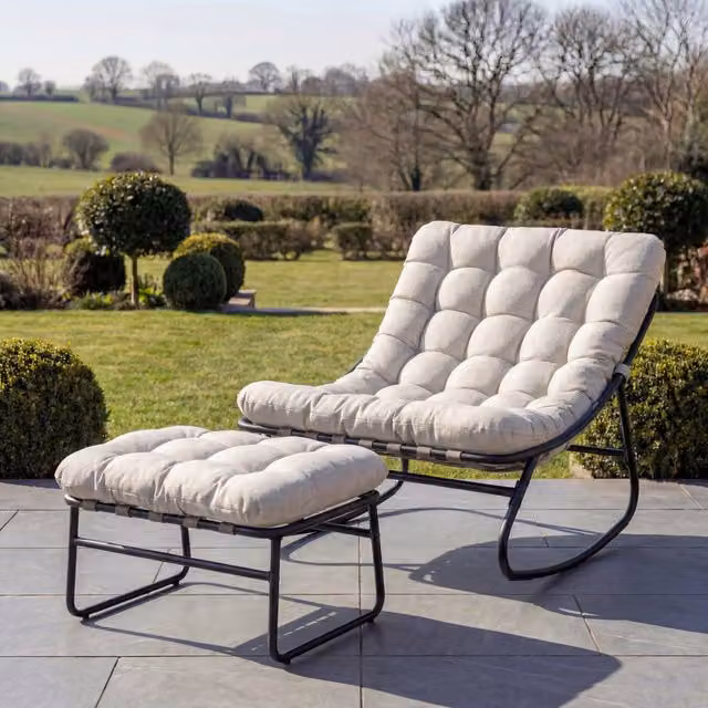 Artemis Home Solace Outdoor Rocking Chair and Stool in Beige Metal – 1