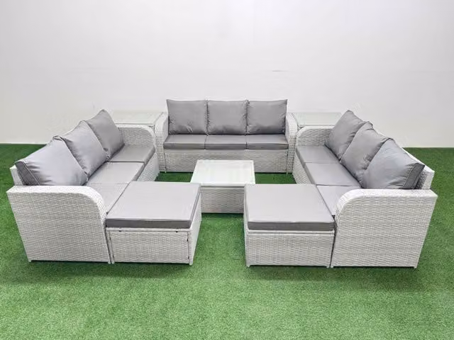 Fimous 11 Seater PE Rattan Outdoor Garden Furniture Set in Light Grey with 3 Seater Sofa, Square Coffee Table, 2 Footstools and 2 Side Tables