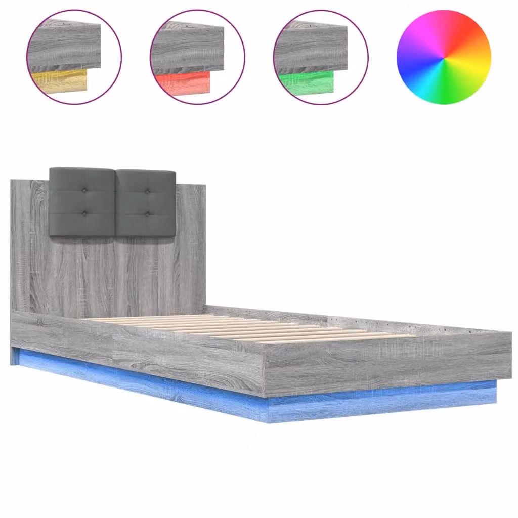 Berkfield Home Grey Sonoma Bed Frame with LED Lighting and USB Charging Port, W/D/H: 90 x 200 cm – 2