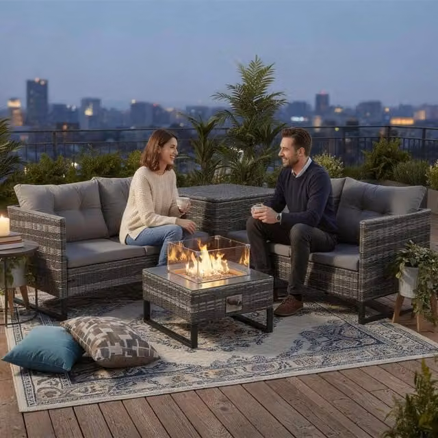 BIRCHTREE 4-Seater Modern Rattan Furniture Set with Grey Fire Pit Table and Side Storage