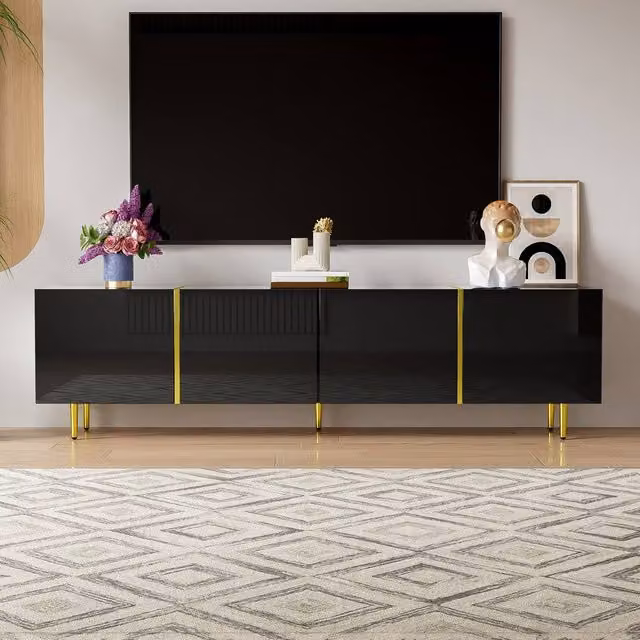 Merax Modern High Gloss Media TV Unit in Black and Gold with Four Doors, W: 170 cm, D: 35 cm, H: 46 cm
