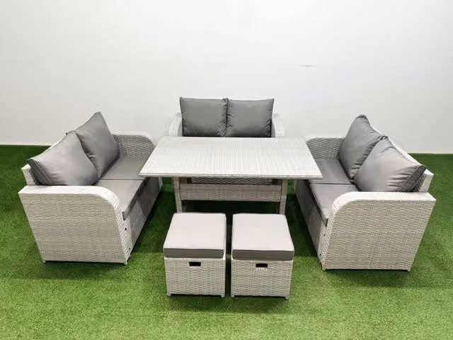 Fimous 8 Seater PE Wicker Rattan Garden Furniture Set in Light Grey with Rectangular Glass Dining Table, 2 Seater Love Sofa and 2 Stools