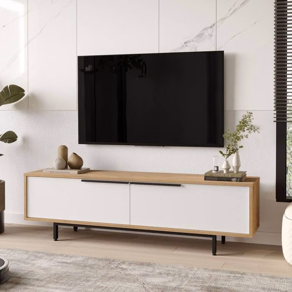 CALICOSY NAYA TV Stand with 2 Drop-down Doors, Oak and White Effect, W: 160 cm, H: 45.1 cm, D: 35.5 cm – 2