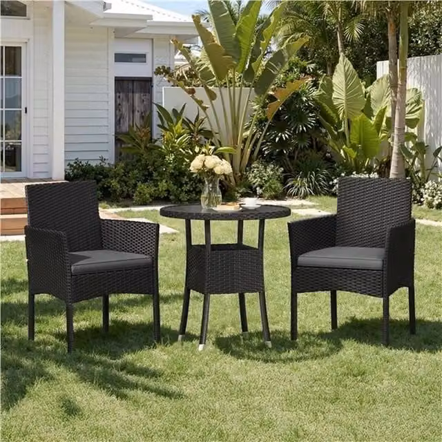 Kelvenix 3-Piece Modern Rattan Garden Furniture Set in Black and Grey – 1