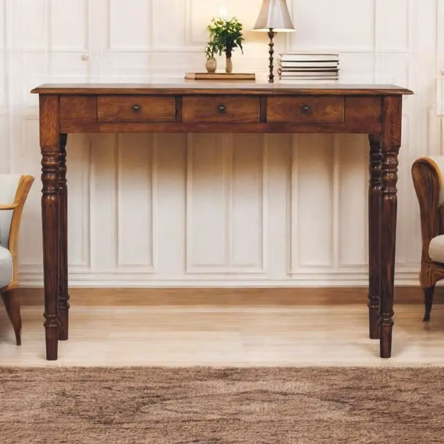 Aosom UK Solid Mango Wood 3-Drawer Console Table with Turned Legs in Brown, W/D/H: 110 x 35 x 80 cm – 1