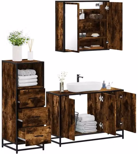 Berkfield Home 3 Piece Industrial Bathroom Furniture Set in Smoked Oak Brown – 1