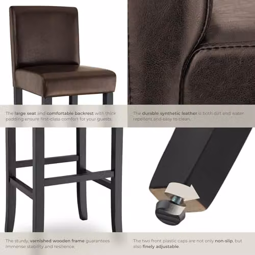 tectake Set of 2 Dover Bar Stools in Brown with Synthetic Leather and Glossy Wood Legs – 8