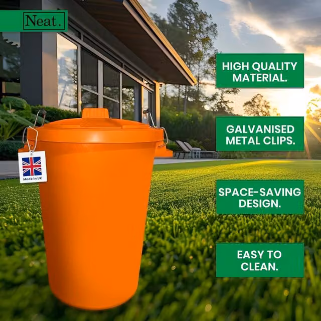 Neat. 90L Heavy Duty Plastic Kitchen and Garden Dustbin with Lid and Metal Handle, Orange