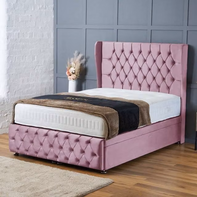 BSSPOKE Bella Ottoman Divan Bed with Mattress in Pink Plush Velvet, Super King, W/D/H: 200 x 162.56 x 54 cm