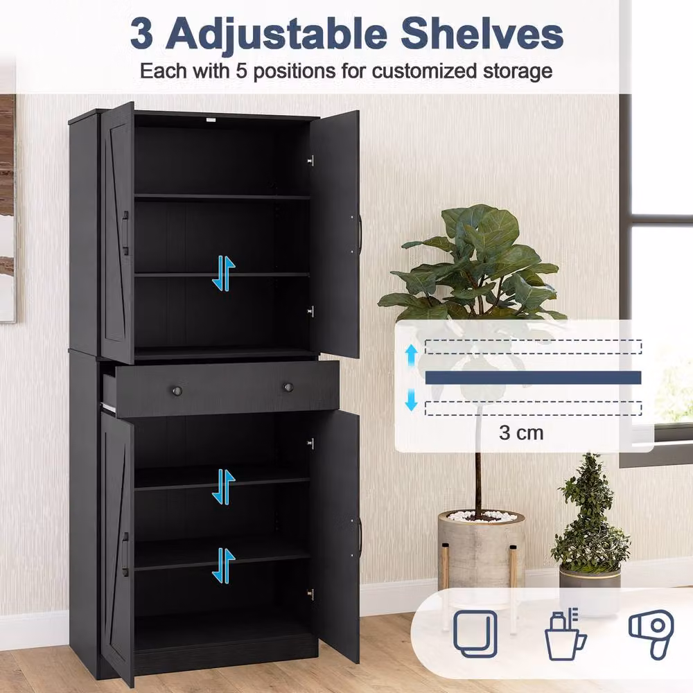 Costway Black Wooden Kitchen Pantry Farmhouse Cupboard Cabinet with Drawer and Soft Close Doors, Height: 183 cm – 5