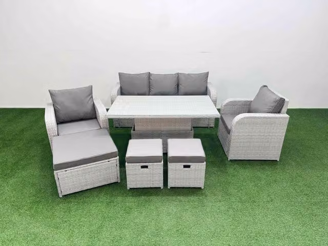 Fimous PE Rattan Garden Furniture Set in Light Grey with 3 Seater Sofa, Reclining Armchair, Ottoman and Coffee Table