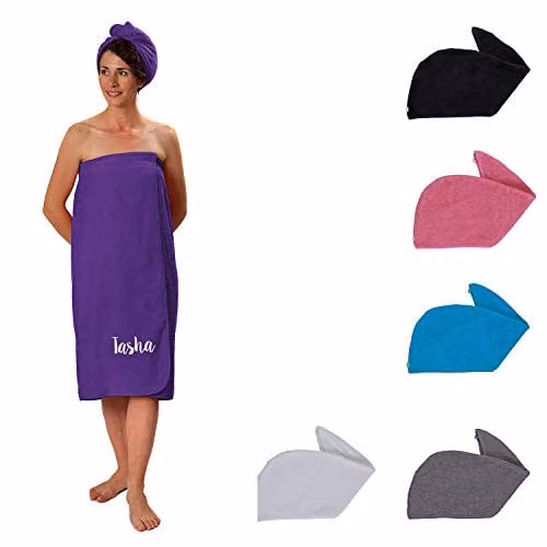 Duncan Stewart Women's Personalised Towelling Sarong and Hair Turban Wrap Set in Purple