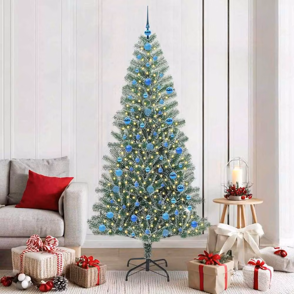 Berkfield Home Snow Flocked Artificial Christmas Tree with LED Lights, Green and White, Height: 210 cm – 2