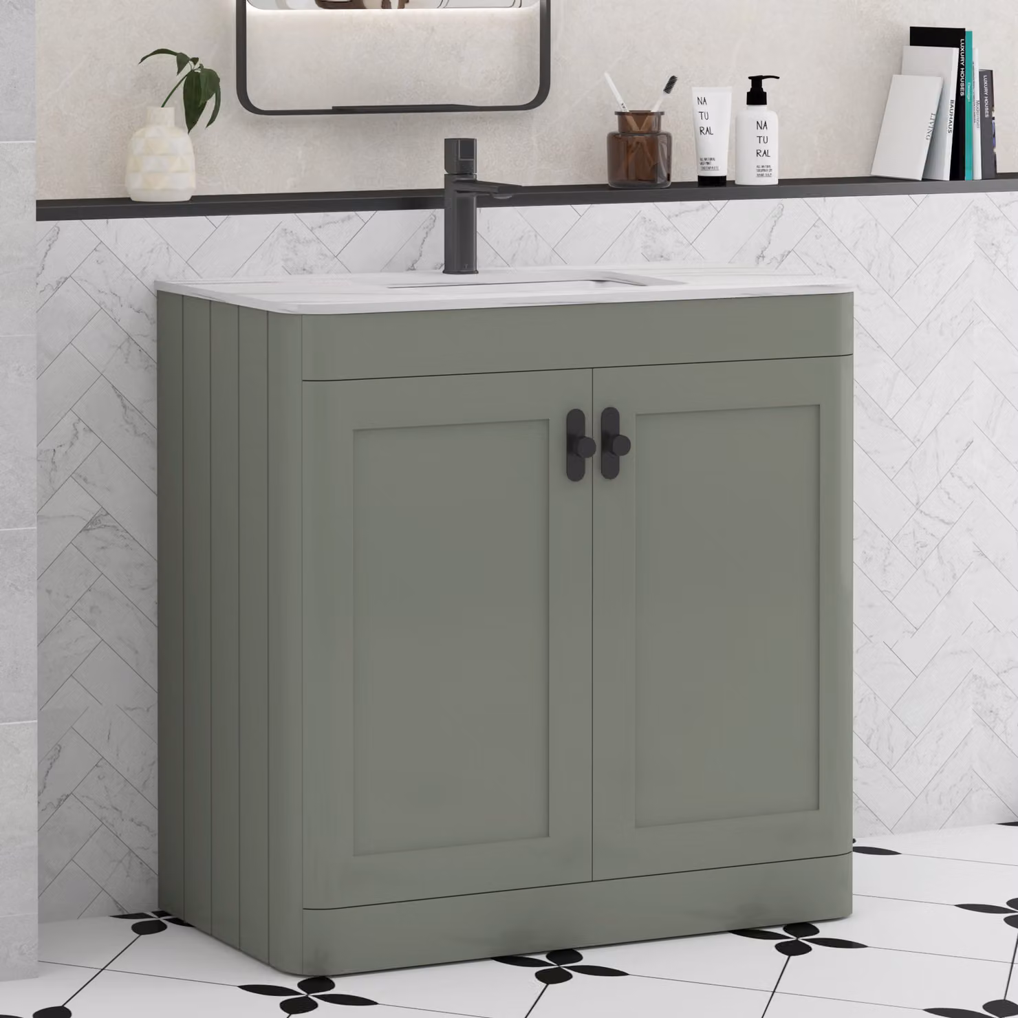 Royal Bathrooms Henley 800mm Sage Green Floor Standing 2 Door Vanity Unit with Carrara White Stone Top and Matt Black Knobs