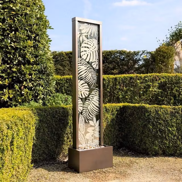 Primrose Lamego Bamboo Leaf Design Mirrored Wall Fountain with LEDs in Brown