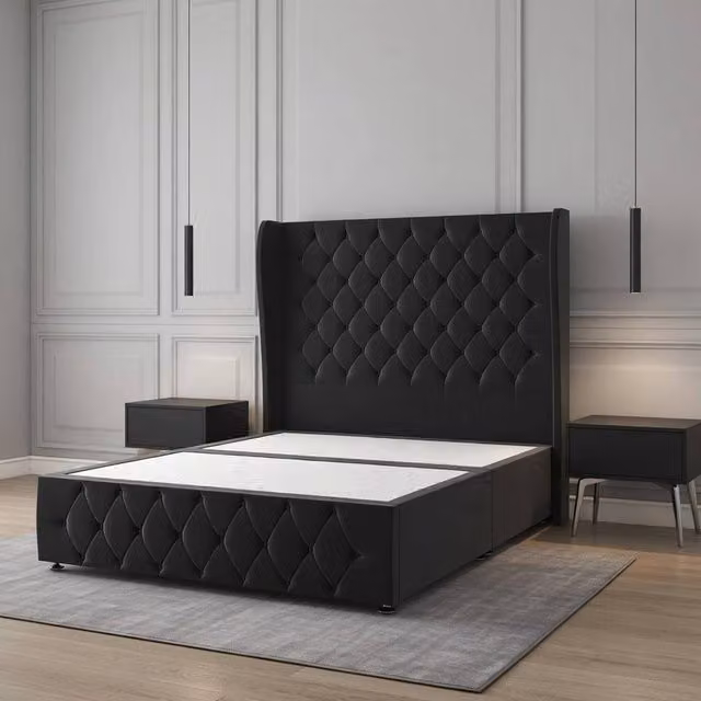 Regional Furnishings Plush Velvet Divan Bed with Headboard and Footboard in Black, Single, W/D/H: 90 x 190 cm – 1