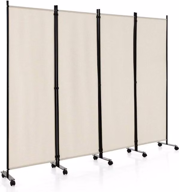 FLAVORA 4 Panel Rolling Freestanding Privacy Room Divider in Beige