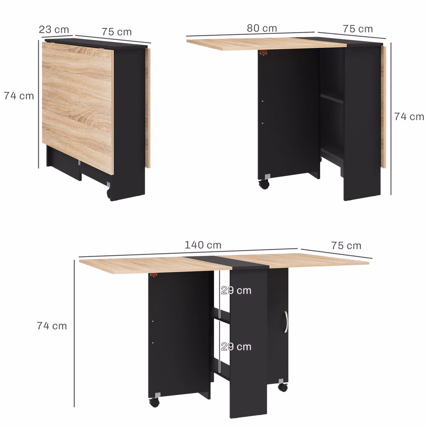 HOMCOM Folding Dining Table with Drop Leaf, 2 Tier Shelves and Rolling Casters in Brown Oak – 3