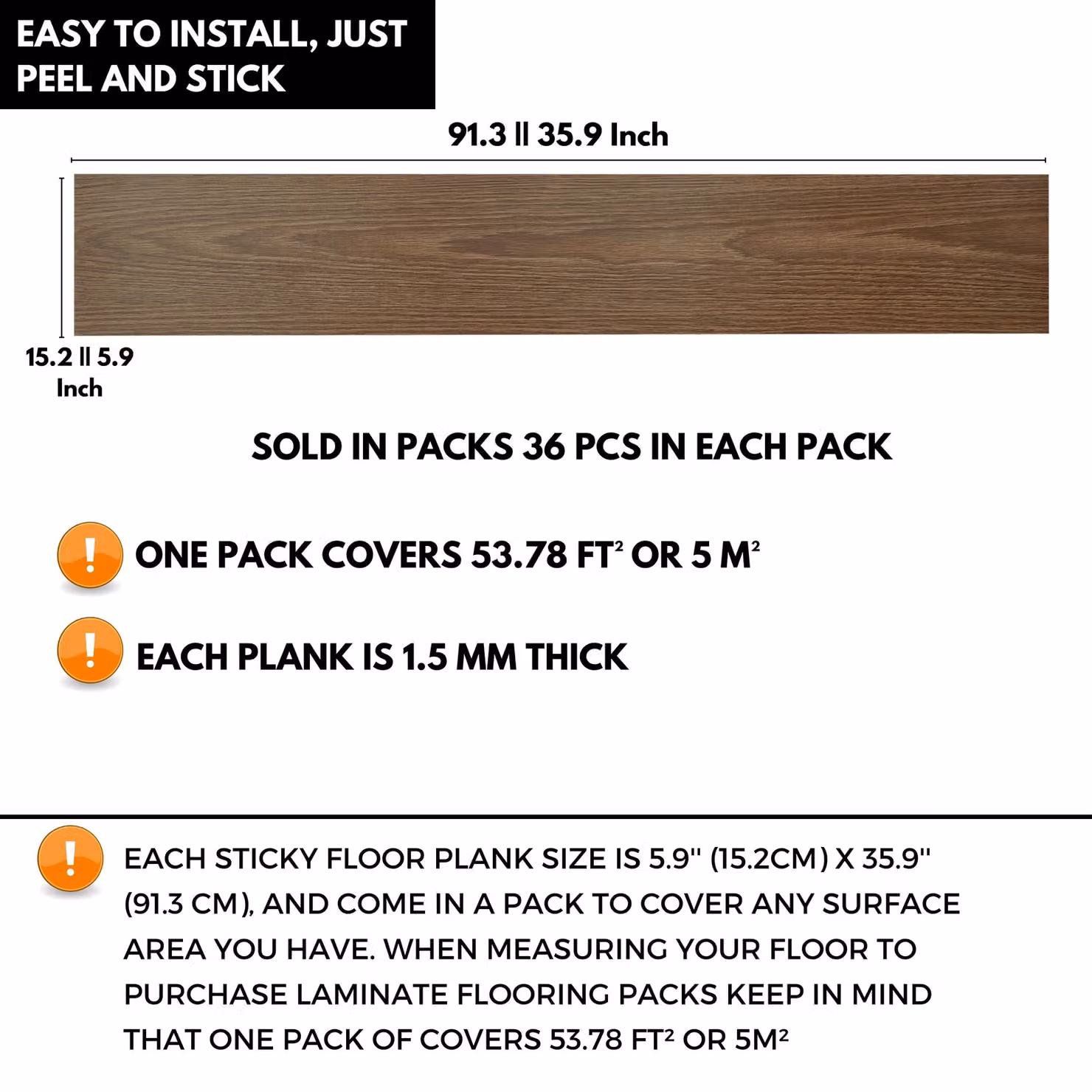 Novecrafto Self Adhesive Wood Look Vinyl Floor Planks, Pack of 36, Dark Brown, W: 91.4 cm, D: 15.2 cm – 3