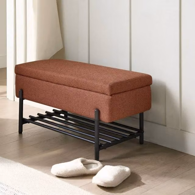 Wyld and Coco Mid-Century Brown Fabric Lift-Top Storage Bench with Built-In Shoe Rack – 1
