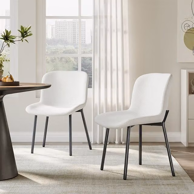 Livingandhome Set of 2 White Teddy Fabric Dining Chairs with Black Metal Legs
