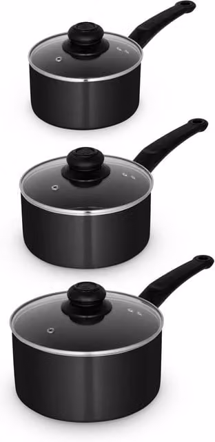 Swan 3 Piece Ceramic and Aluminium Saucepan Set with Glass Lids, Black