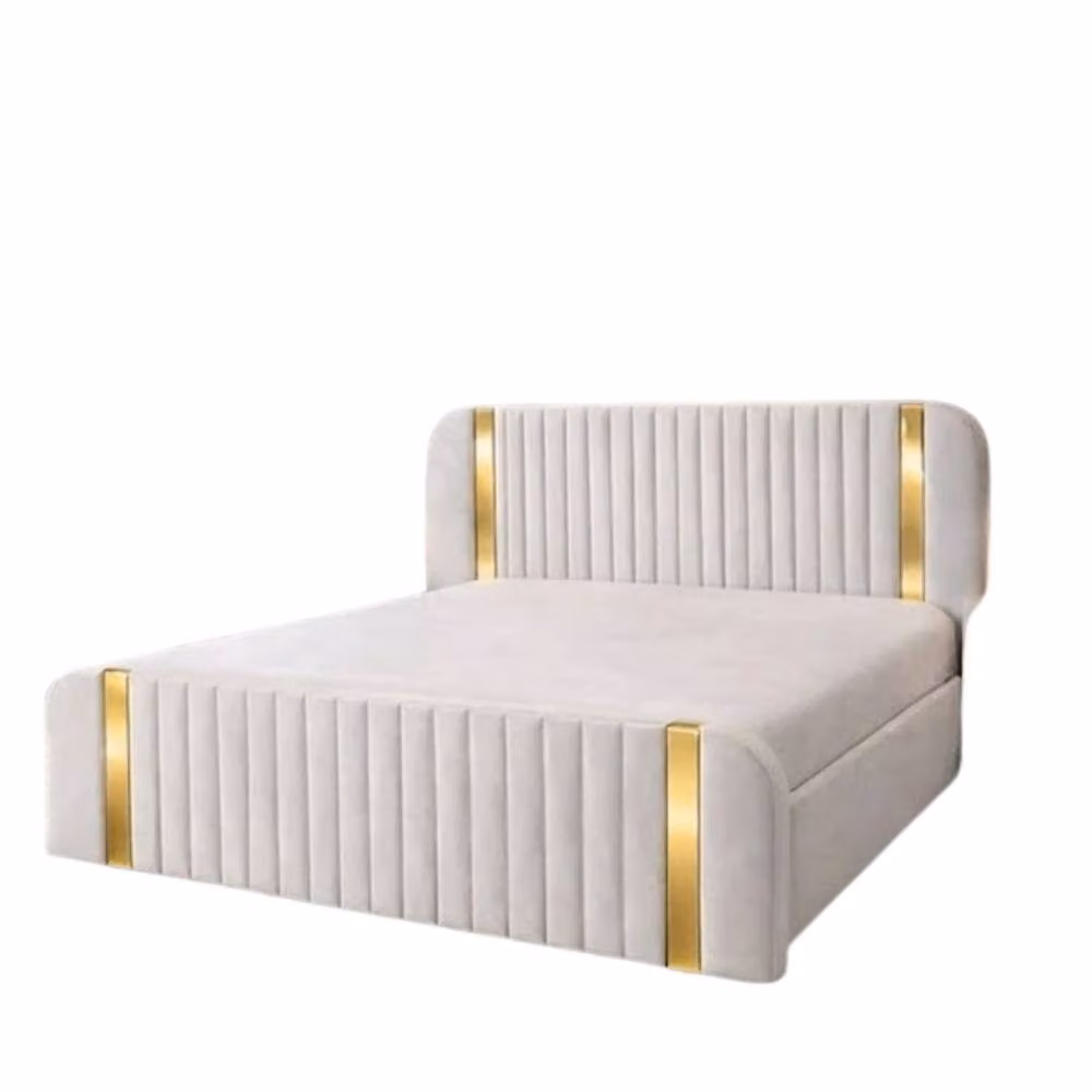 Stratus Interiors Aura Rounded Panel Bed Frame in White Velvet with Gold Accents, Super King Size (W: 180 cm, L: 200 cm) – 2