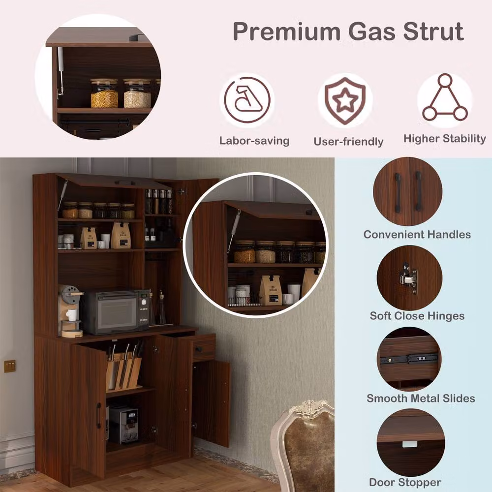 Gymax Tall Pantry Kitchen Storage Cabinet with Power Outlets in Walnut – 6