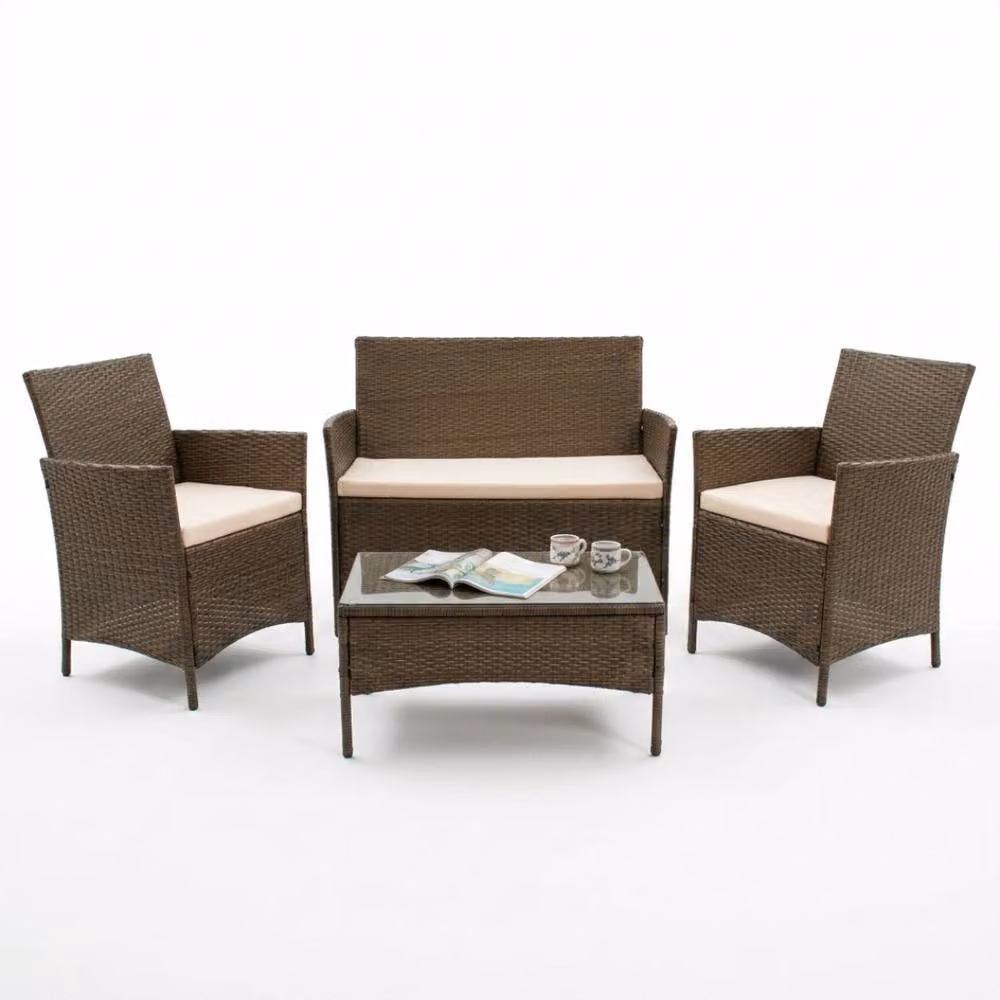 Comfy Living Ltd 4 Piece Brown Rattan Garden Patio Furniture Set with Cream Cushions and Glass Top – 2