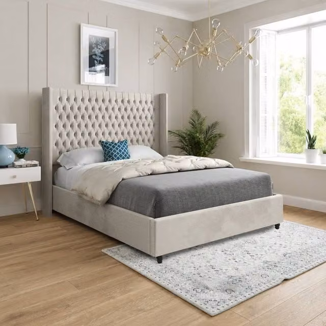 Casani Thwaite Straight Winged Designer Bed Frame in Beige Soft Velvet, W/D/H: 137 x 120 x 128 cm
