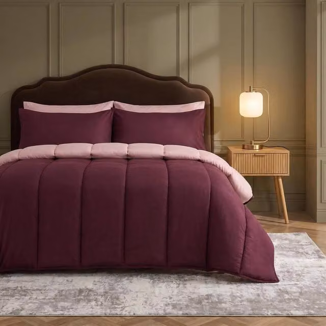 OHS Reversible 10.5 Tog Coverless Microfibre Duvet with Pillowcases, Purple, Double – 1