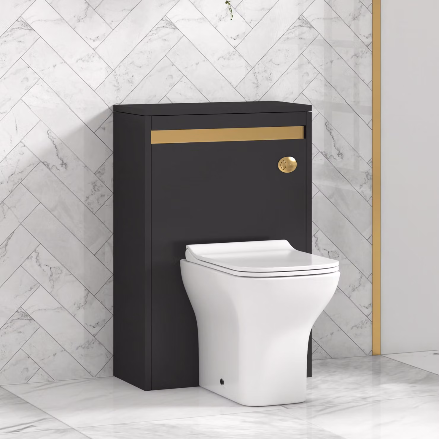 Royal Bathrooms Orion Matt Obsidian Black BTW WC Unit with Qubix Rimless Toilet Pan, Slim Soft Close Seat and Cistern with Brushed Brass Accent Trim, Width: 54 cm