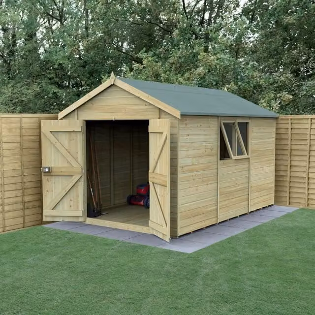 Forest Garden Tongue and Groove Apex Shed with Double Doors and Window in Brown, W: 365.76 cm, D: 213.36 cm, H: 182.88 cm