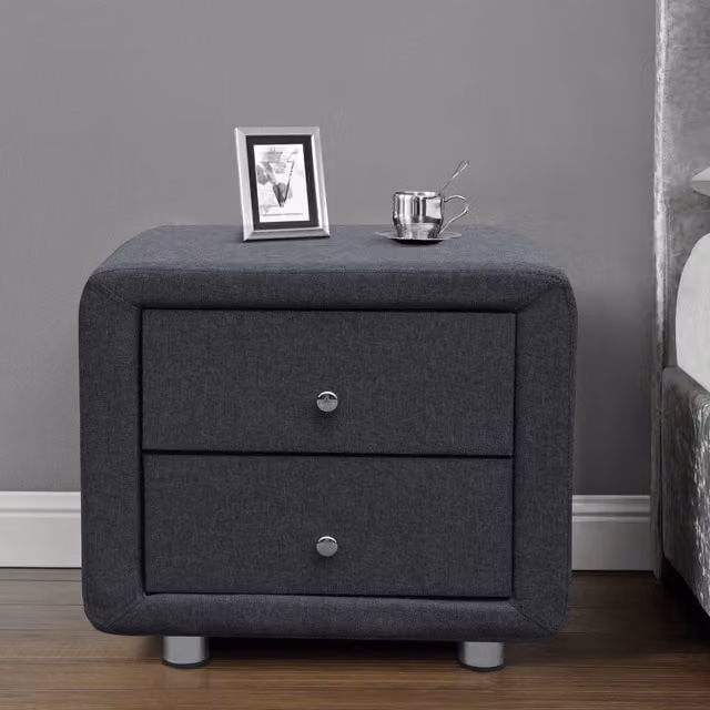 Comfy Living Grey Linen Fabric 2 Drawer Bedside Table with Chrome Handles