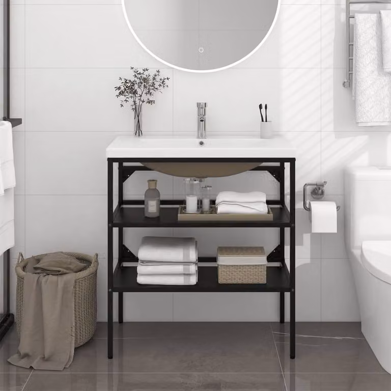 Berkfield Home Elegant Industrial Bathroom Washbasin Frame with Built-in Basin in Matt Black Iron