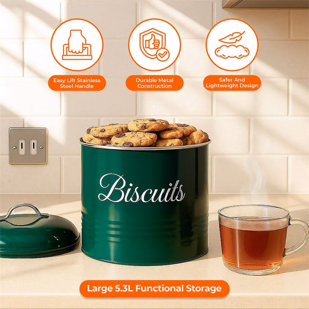 SPETLEK 5 Piece Green Metal Airtight Canister Set for Tea, Coffee and Biscuits – 3
