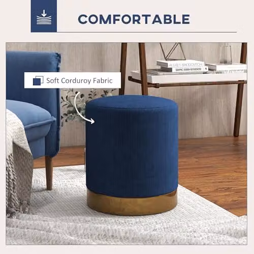 HOMCOM Modern Round Corduroy Fabric Footstool in Blue, W/D/H: 40 x 40 x 45 cm – 3