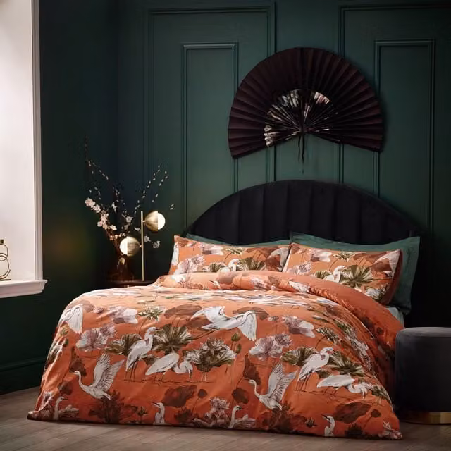 Wylder Tropics Kushiro Floral Cotton Rich Percale Duvet Cover Set in Coral and Orange, W: 200 cm x D: 200 cm