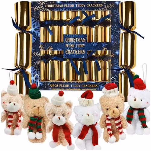 KreativeKraft Set of 6 Luxury Gold Plush Animal Christmas Crackers and Hanging Tree Ornaments – 6