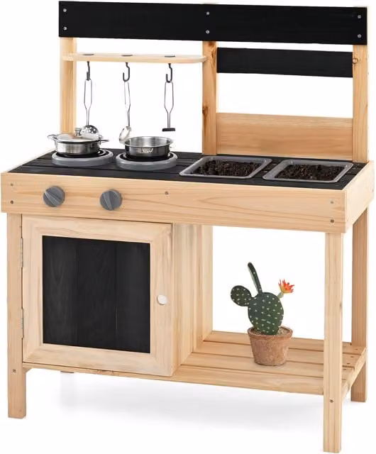 Costway Wooden Outdoor Kids Pretend Play Kitchen in Brown and Multicolour