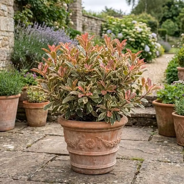 Plants By Post Photinia Louise Variegated Evergreen Shrub, Green, Red and Pink