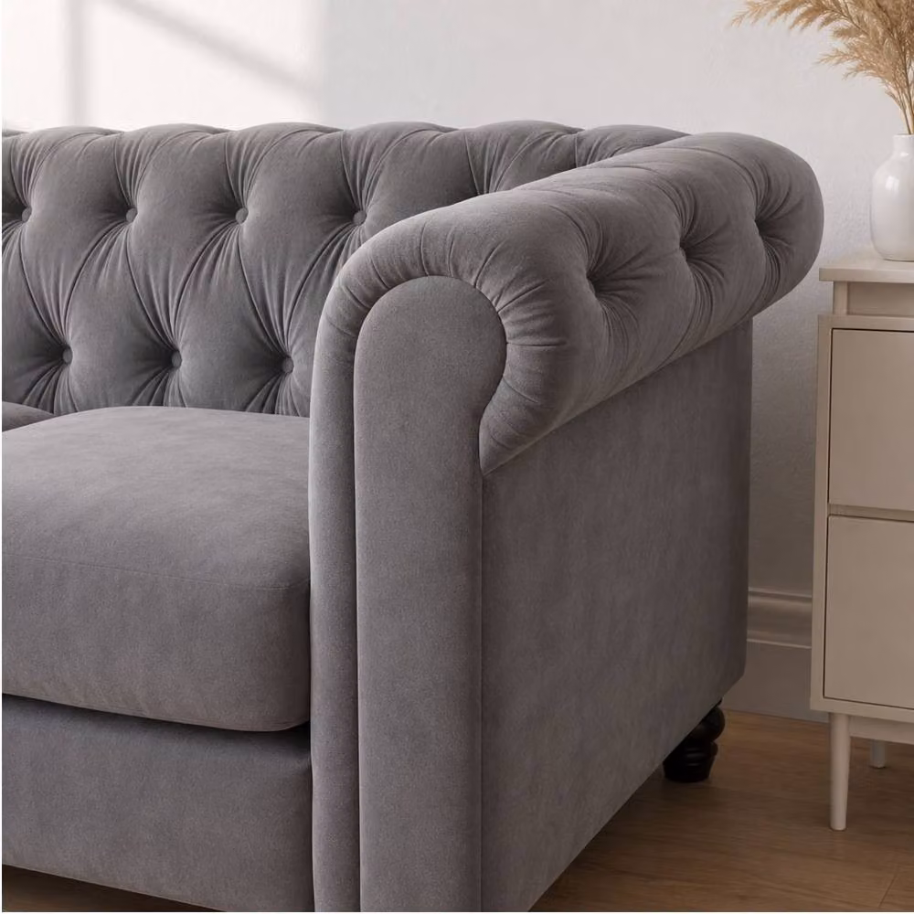 Sofaya Hampton 3 Seater L Shape Chesterfield Sofa in Grey Velvet with Left Hand Chaise – 3