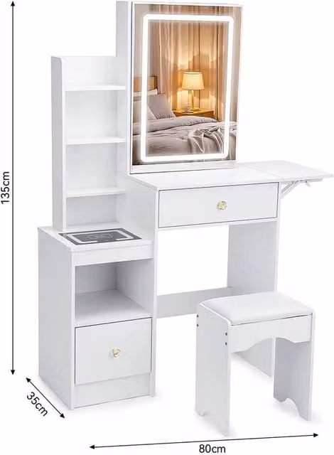 FORGEVIO Dressing Table Set with Drawers, Hollywood LED Mirror, Stool and Wireless Charging in White