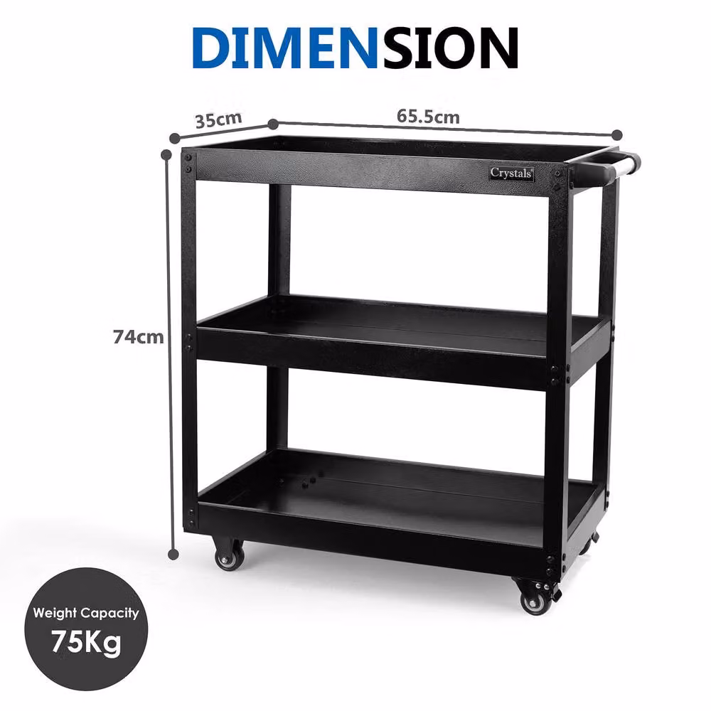 Crystals 3 Tier Heavy Duty Tool Storage Cart with Wheels, Black, W: 52 cm, D: 52 cm, H: 74 cm – 3