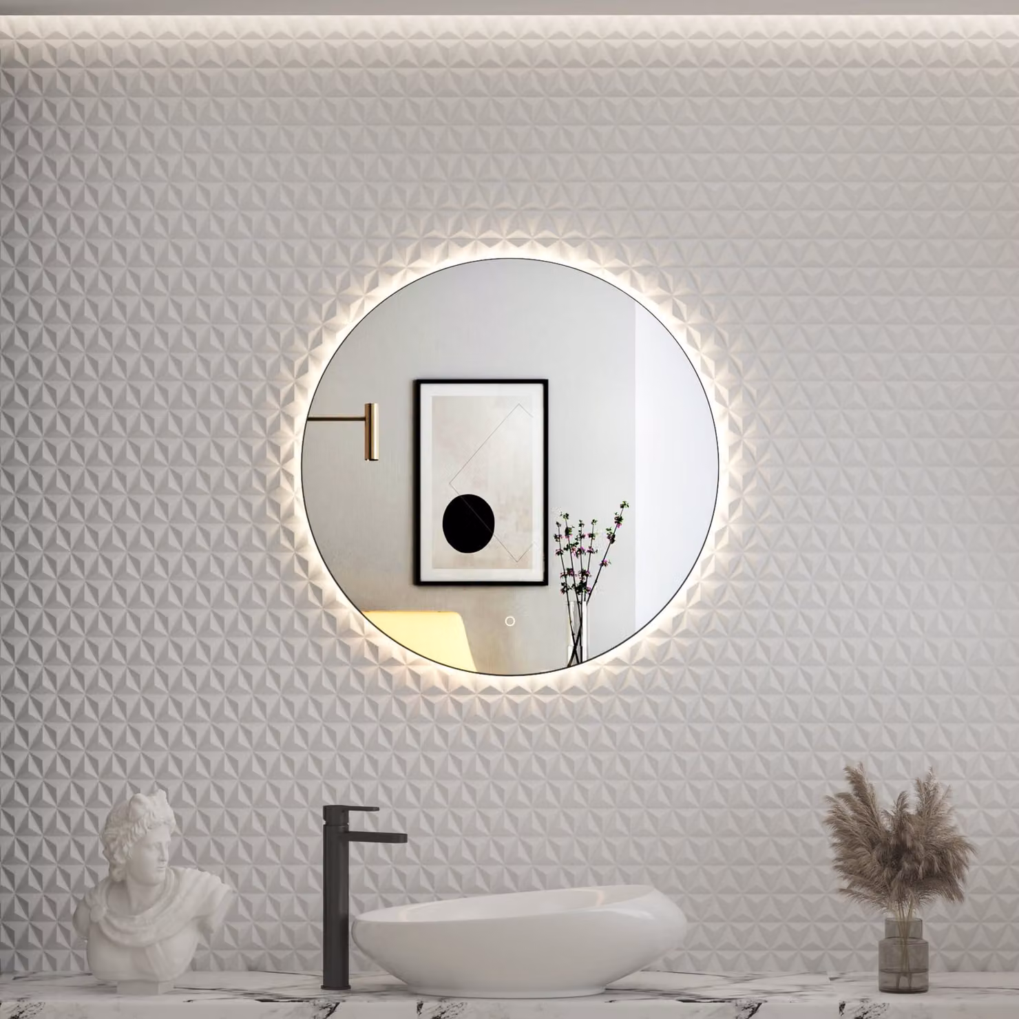 Royal Bathrooms Luton Round Matt Black Backlit LED Illuminated Bathroom Mirror with Demister Pad and Touch Sensor, W: 60 cm, H: 60 cm